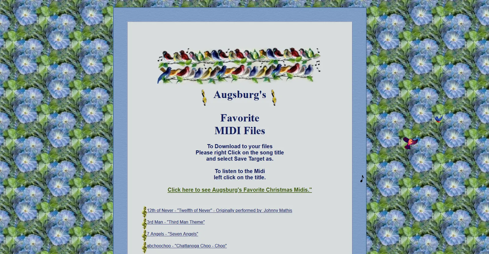 eine bunte alte Website, mit vielen Blumen im Hintergrund und kleinen Vögeln