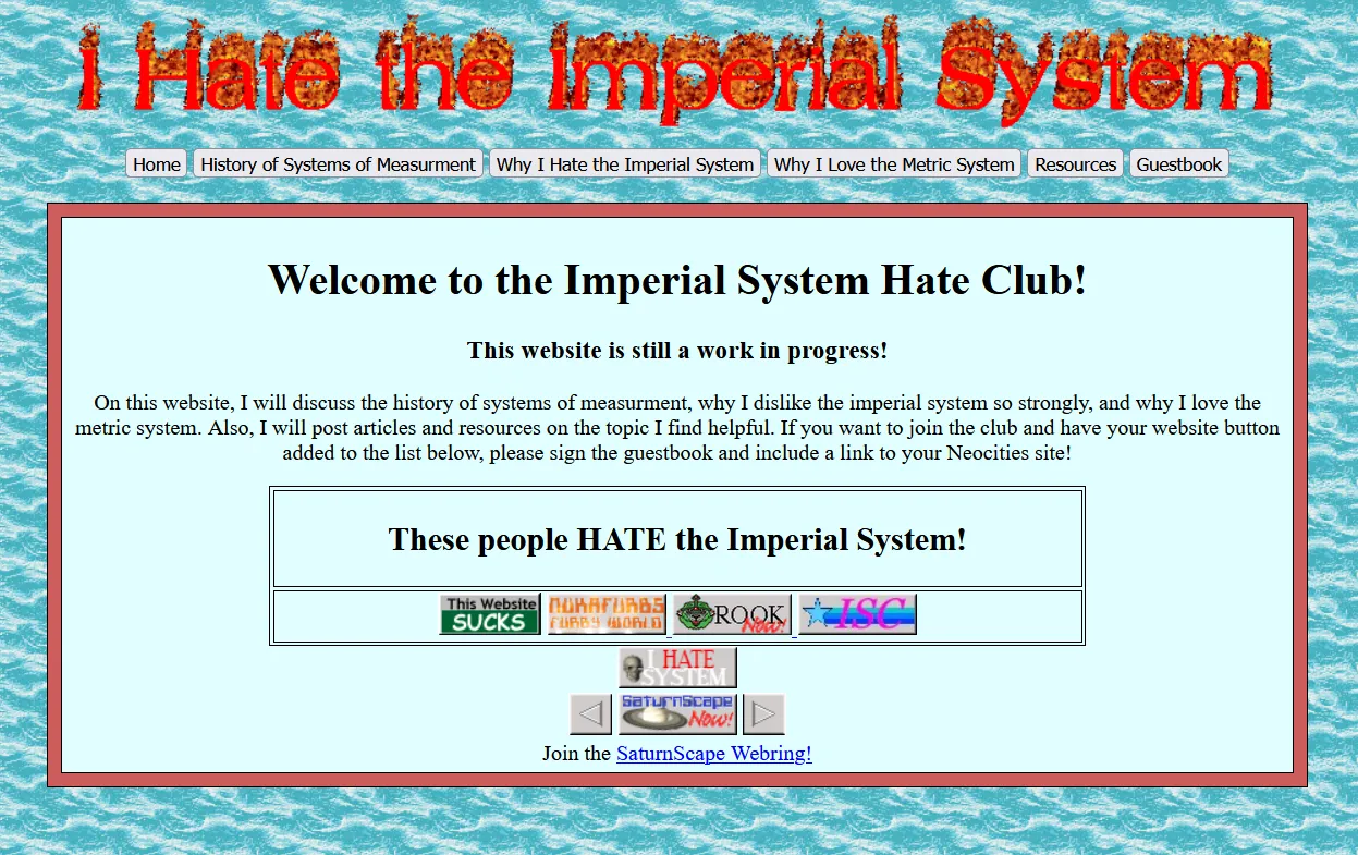 Eine Internetseit mit brennender Überschrift "I HATE THE IMPERIAL SYSTEM"